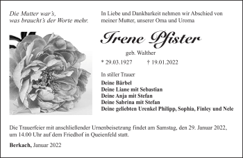 Traueranzeige von Irene Pfister von Südthüringer Presse