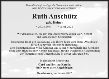 Traueranzeige von Ruth Anschütz von Südthüringer Presse