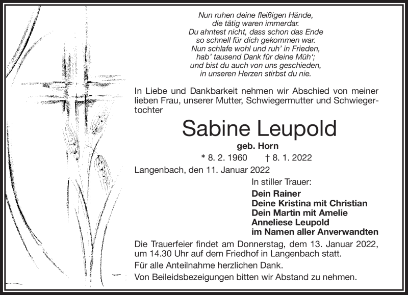 Traueranzeige für Sabine Leupold vom 11.01.2022 aus Frankenpost