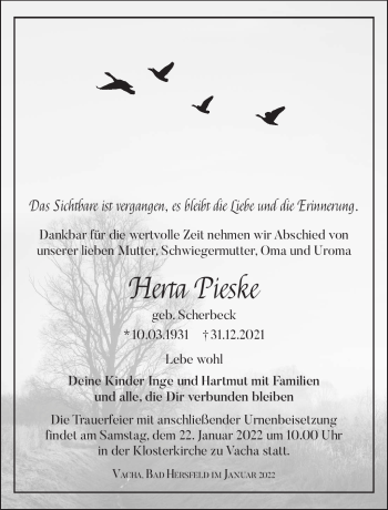 Traueranzeige von Herta Pieske von Südthüringer Presse