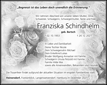 Traueranzeige von Franziska Schindhelm von Südthüringer Presse