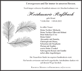 Traueranzeige von Heidemarie Raßbach von Südthüringer Presse
