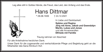 Traueranzeige von Hans Dittmar von Frankenpost