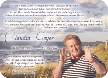 Traueranzeige von Claudia Geyer von Südthüringer Presse