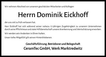 Traueranzeige von Dominik Eickhoff von Frankenpost