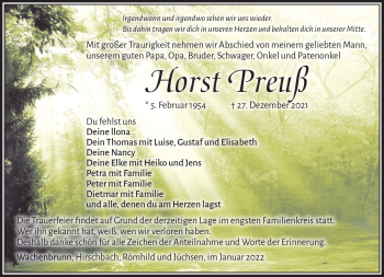 Traueranzeige von Horst Preuß von Südthüringer Presse