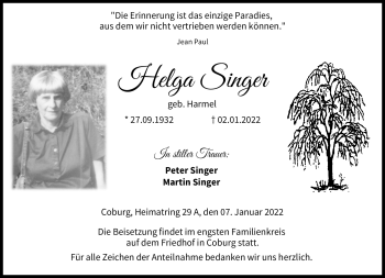 Traueranzeige von Helga Singer von Neue Presse Coburg