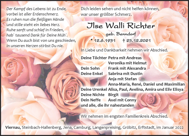  Traueranzeige für Ilse Richter vom 08.01.2022 aus Südthüringer Presse