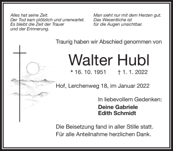 Traueranzeige von Walter Hubl von Frankenpost