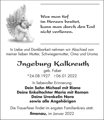 Traueranzeige von Ingeburg Kalkreuth von Südthüringer Presse