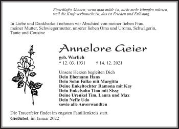Traueranzeige von Annelore Geier von Südthüringer Presse