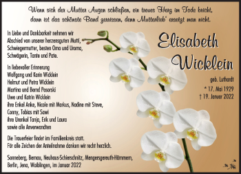 Traueranzeige von Elisabeth Wicklein von Südthüringer Presse