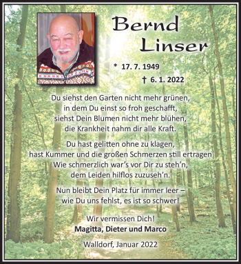 Traueranzeige von Bernd Linser von Südthüringer Presse