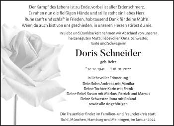 Traueranzeige von Doris Schneider von Südthüringer Presse