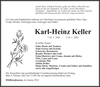 Traueranzeige von Karl-Heinz Keller von Südthüringer Presse