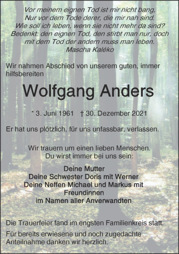 Traueranzeige von Wolfgang Anders von Frankenpost