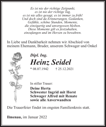 Traueranzeige von Heinz Seidel von Südthüringer Presse