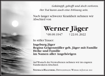 Traueranzeige von Werner Jäger von Südthüringer Presse