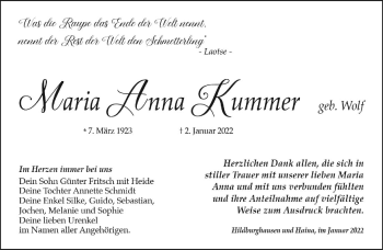Traueranzeige von Maria Anna Kummer von Südthüringer Presse