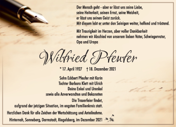 Traueranzeige von Wilfried Pfeufer von Südthüringer Presse