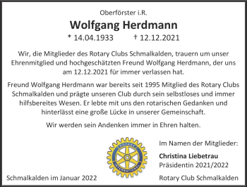 Traueranzeige von Wolfgang Herdmann von Südthüringer Presse