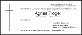 Traueranzeige von Agnes Tröger von Frankenpost