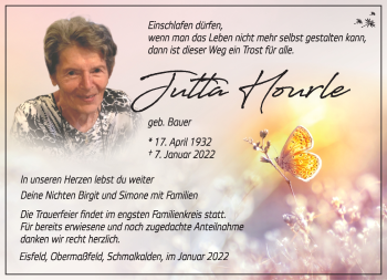 Traueranzeige von Jutta Hourle von Südthüringer Presse