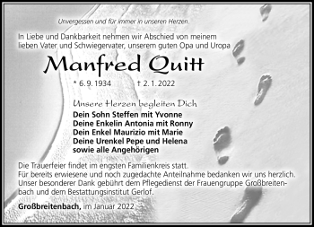Traueranzeige von Manfred Quitt von Südthüringer Presse