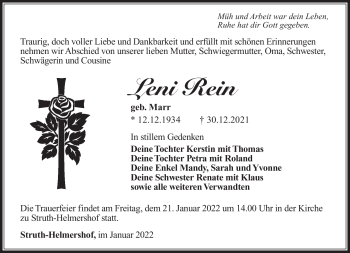 Traueranzeige von Leni Rein von Südthüringer Presse