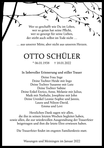 Traueranzeige von Otto Schüler von Südthüringer Presse
