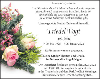 Traueranzeige von Friedel Vogt von Südthüringer Presse