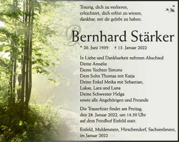 Traueranzeige von Bernhard Stärker von Südthüringer Presse