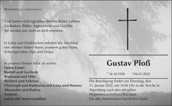 Traueranzeige von Gustav Ploß von Frankenpost