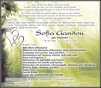 Traueranzeige von Sofia Ganitow von Südthüringer Presse