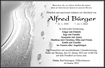 Traueranzeige von Alfred Bürger von Südthüringer Presse
