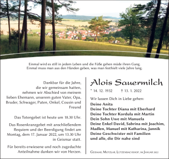 Traueranzeige von Alois Sauermilch von Südthüringer Presse
