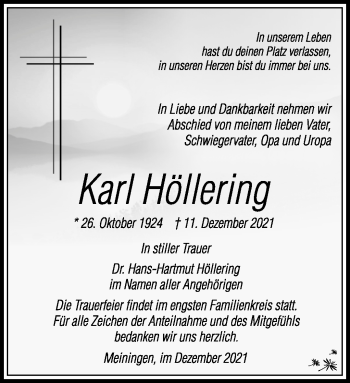 Traueranzeige von Karl Höllering von Südthüringer Presse