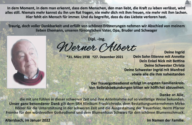  Traueranzeige für Werner Albert vom 08.01.2022 aus Südthüringer Presse
