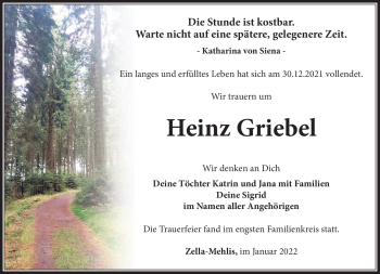 Traueranzeige von Heinz Griebel von Südthüringer Presse