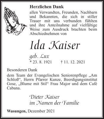 Traueranzeige von Ida Kaiser von Südthüringer Presse