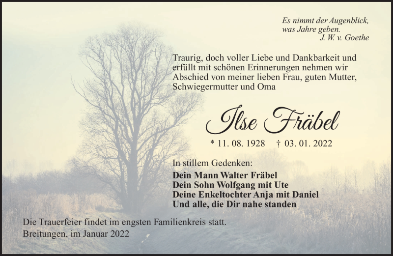  Traueranzeige für Ilse Fräbel vom 06.01.2022 aus Südthüringer Presse