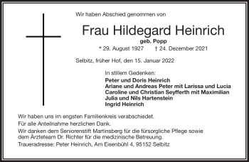 Traueranzeige von Hildegard Heinrich von Frankenpost