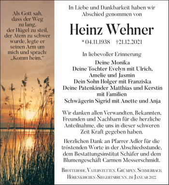 Traueranzeige von Heinz Wehner von Südthüringer Presse