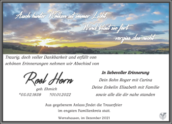 Traueranzeige von Rosl Horn von Südthüringer Presse