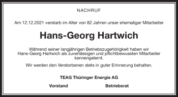 Traueranzeige von Hans-Georg Hartwich von Südthüringer Presse