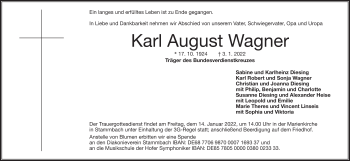Traueranzeige von Karl August Wagner von Frankenpost