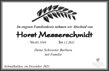 Traueranzeige von Horst Messerschmidt von Südthüringer Presse
