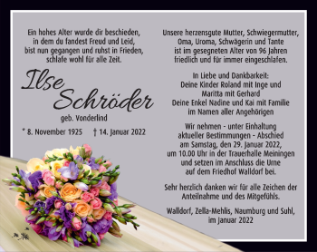 Traueranzeige von Ilse Schröder von Südthüringer Presse