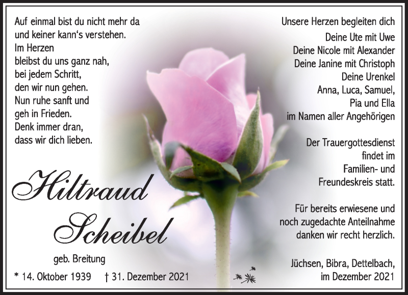  Traueranzeige für Hiltraud Scheibel vom 08.01.2022 aus Südthüringer Presse