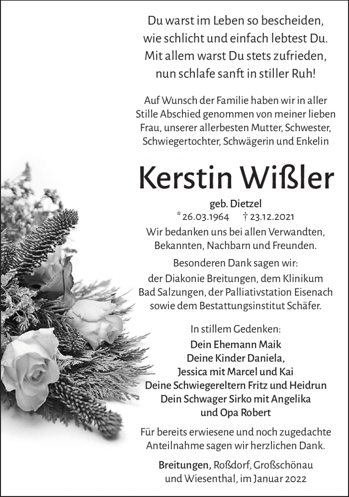  Traueranzeige für Kerstin Wißler vom 15.01.2022 aus Südthüringer Presse